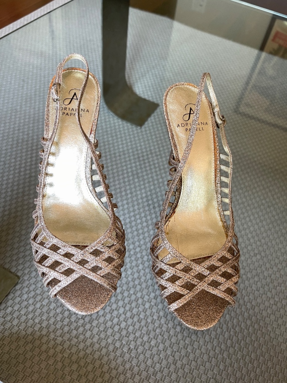 Adrianna Papell strappy gold glitter high heel women 9,5